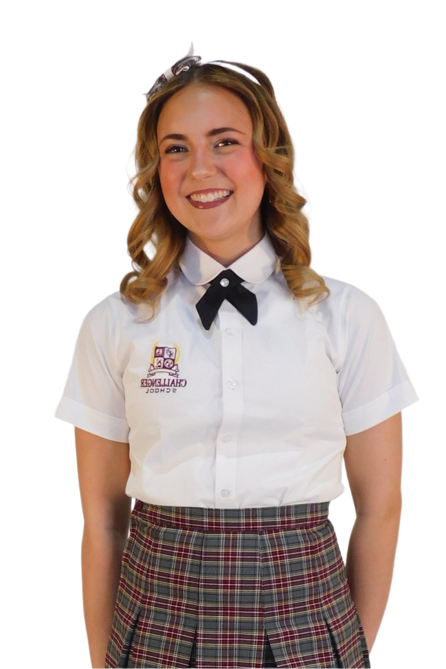 Person wearing a white shirt with a plaid skirt on a white background