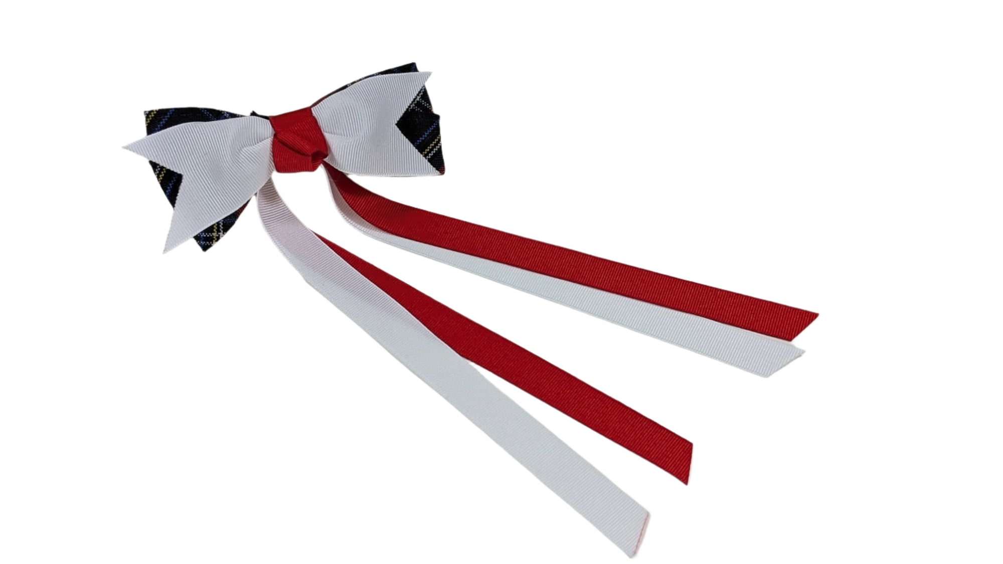 AHS White Spike Plaid Bow w/Red & White Streamers