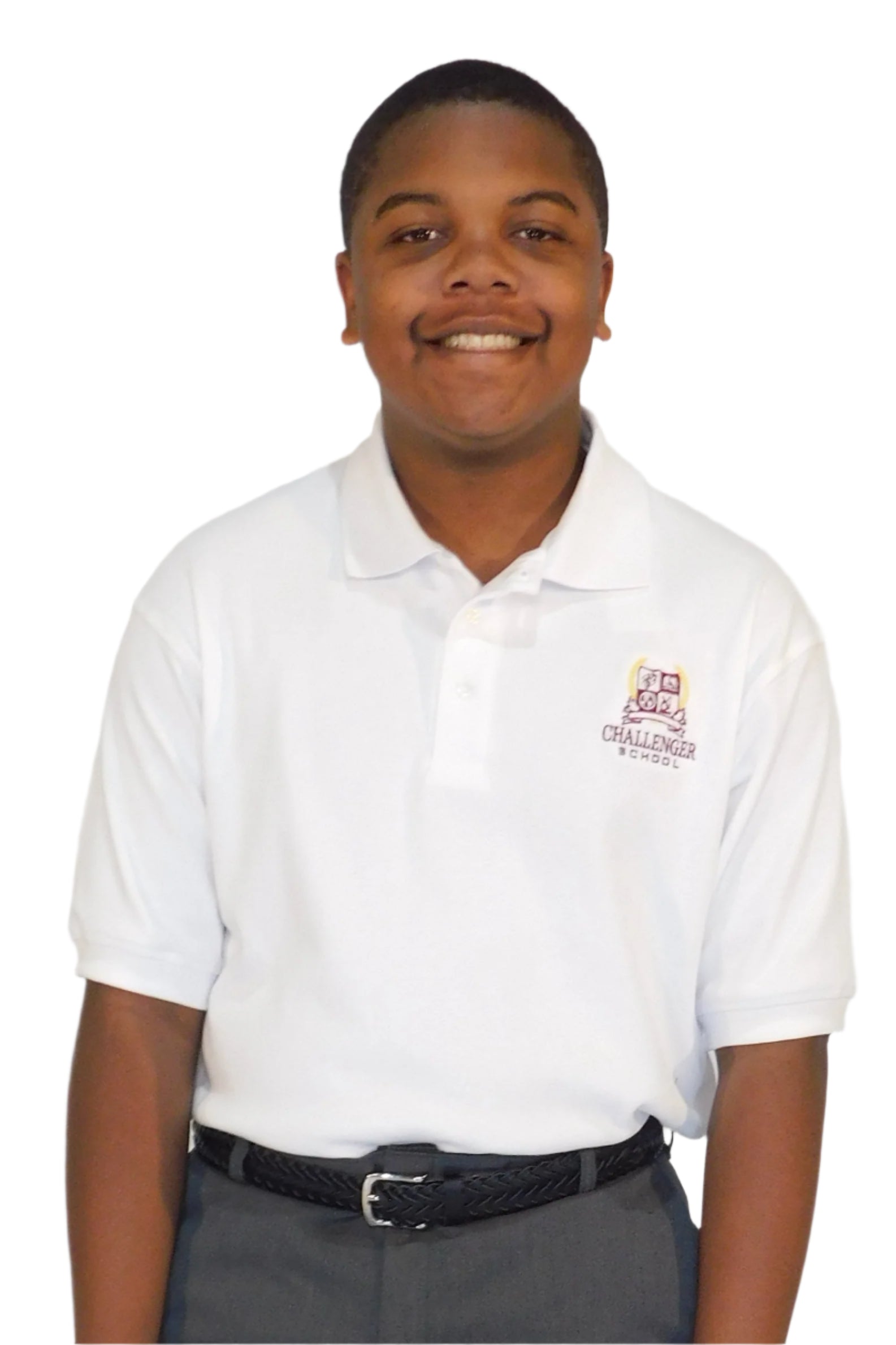 Person wearing a white shirt and gray pants on a white background