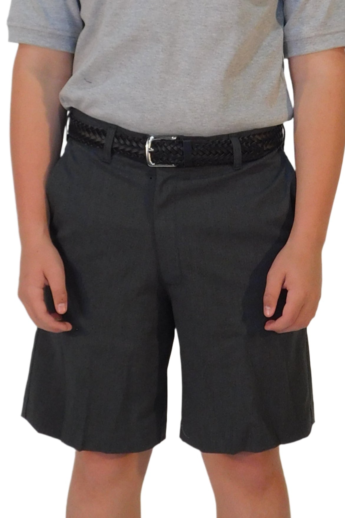 Person wearing a gray shirt and black shorts on a white background