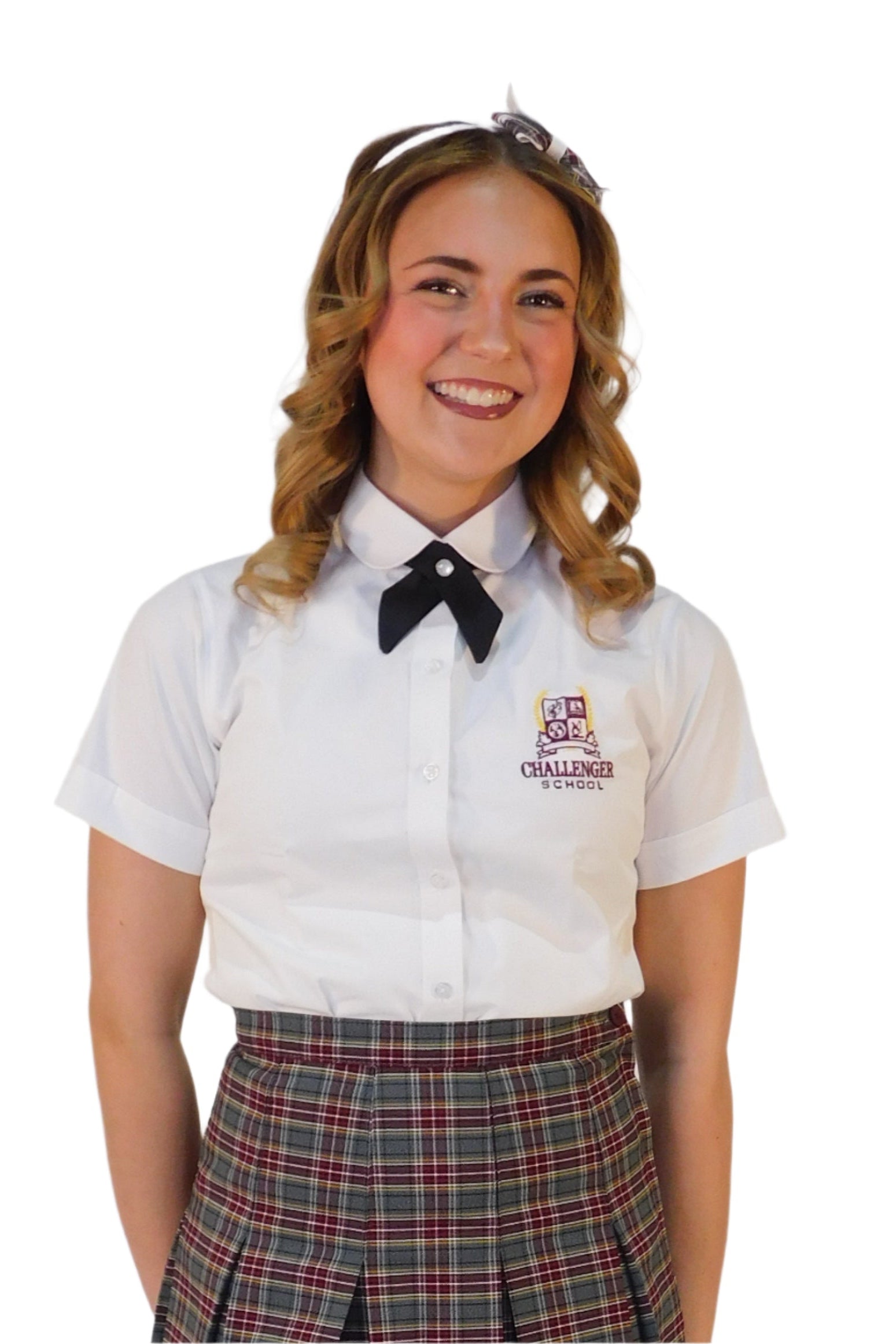 Person wearing a white shirt with a plaid skirt on a white background