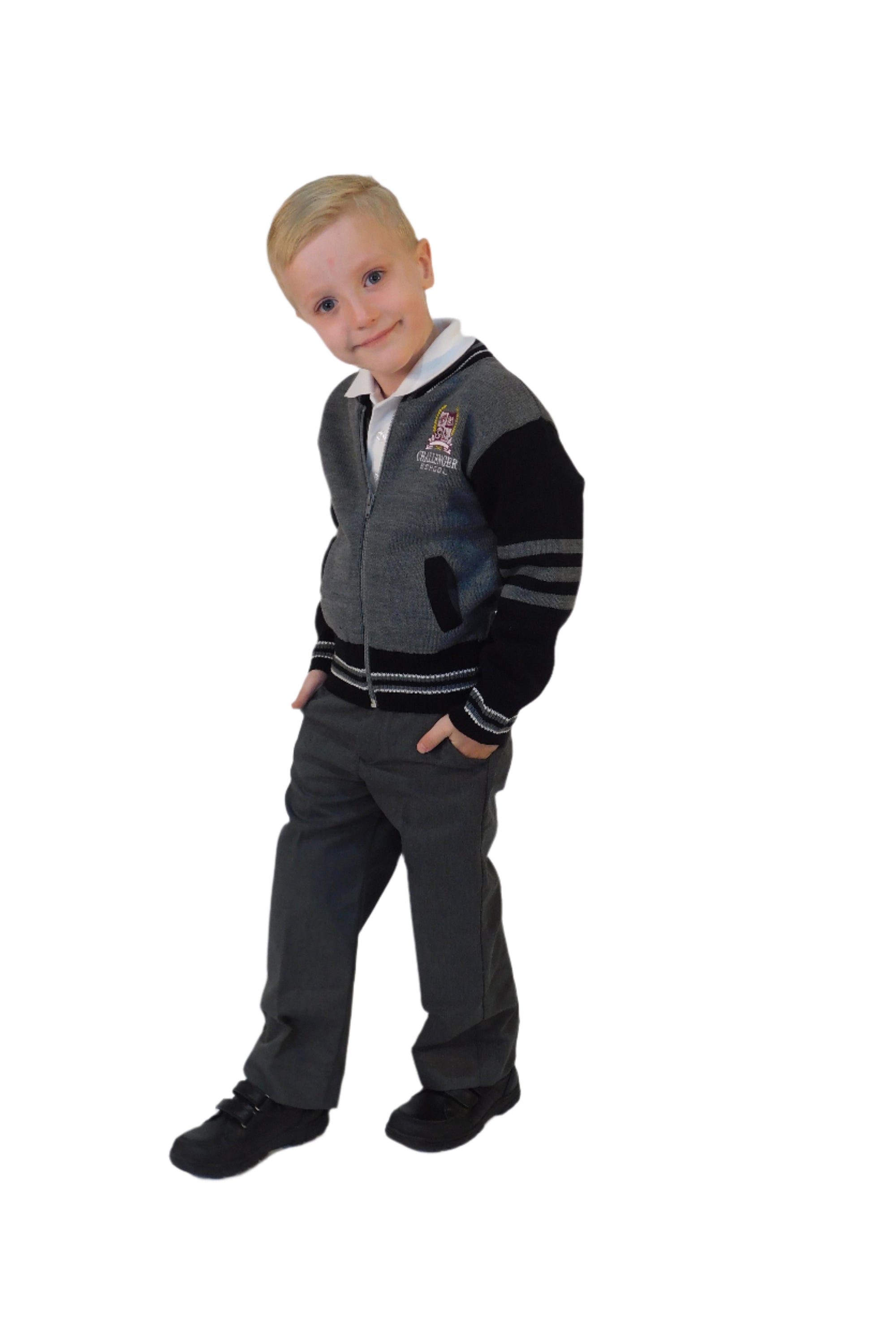 Child wearing a school uniform on a white background