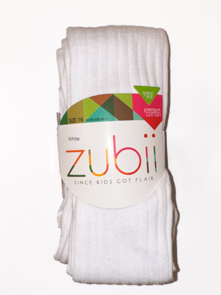 Girls White - Tights (Wide Ribbed-Zubii)