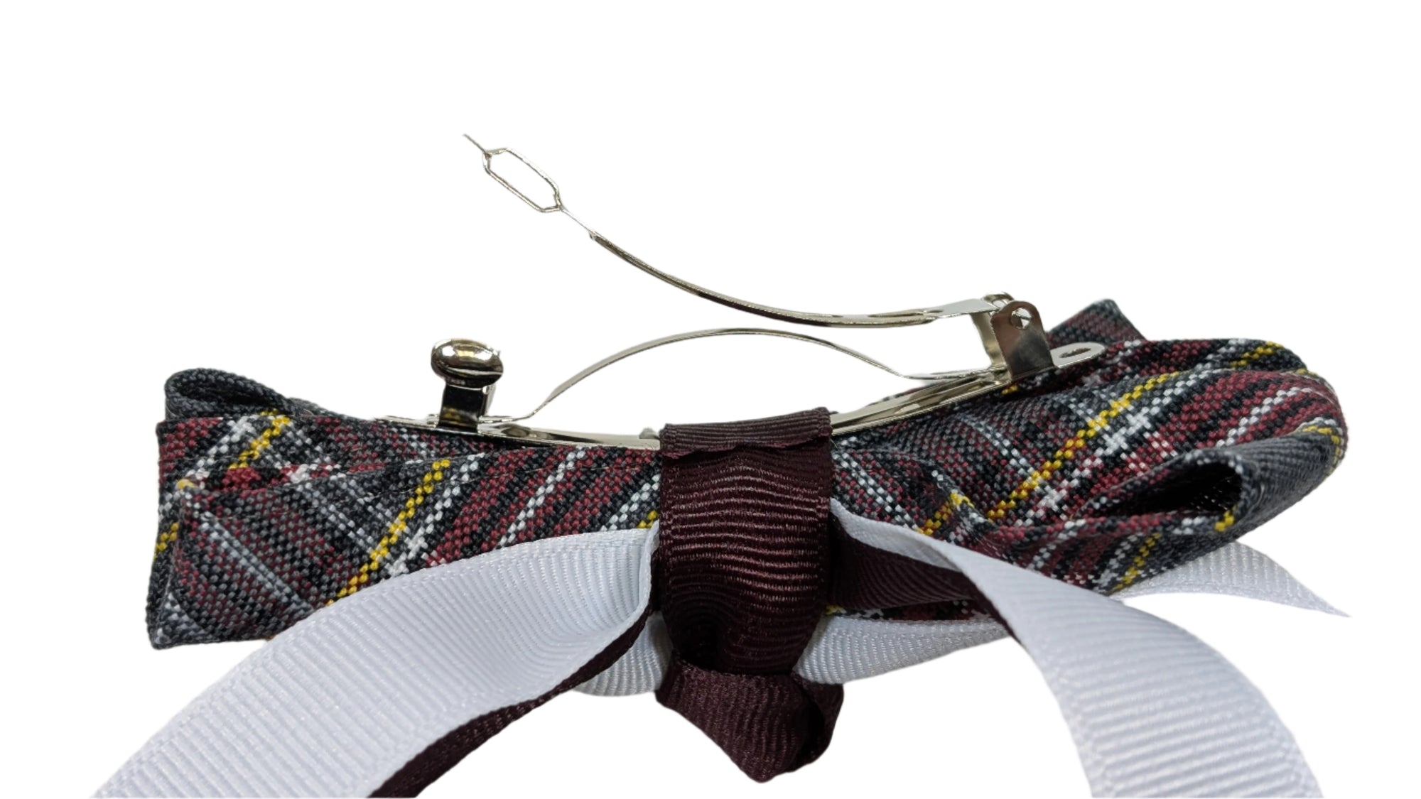 CHS Plaid Bow w/White Spike w/Streamers - French Clip