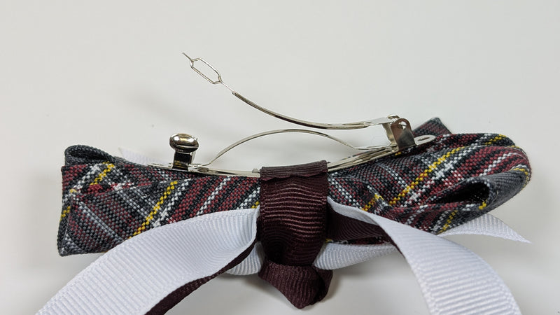 Plaid Bow Spike w/Burgundy & White Streamers & French Clip