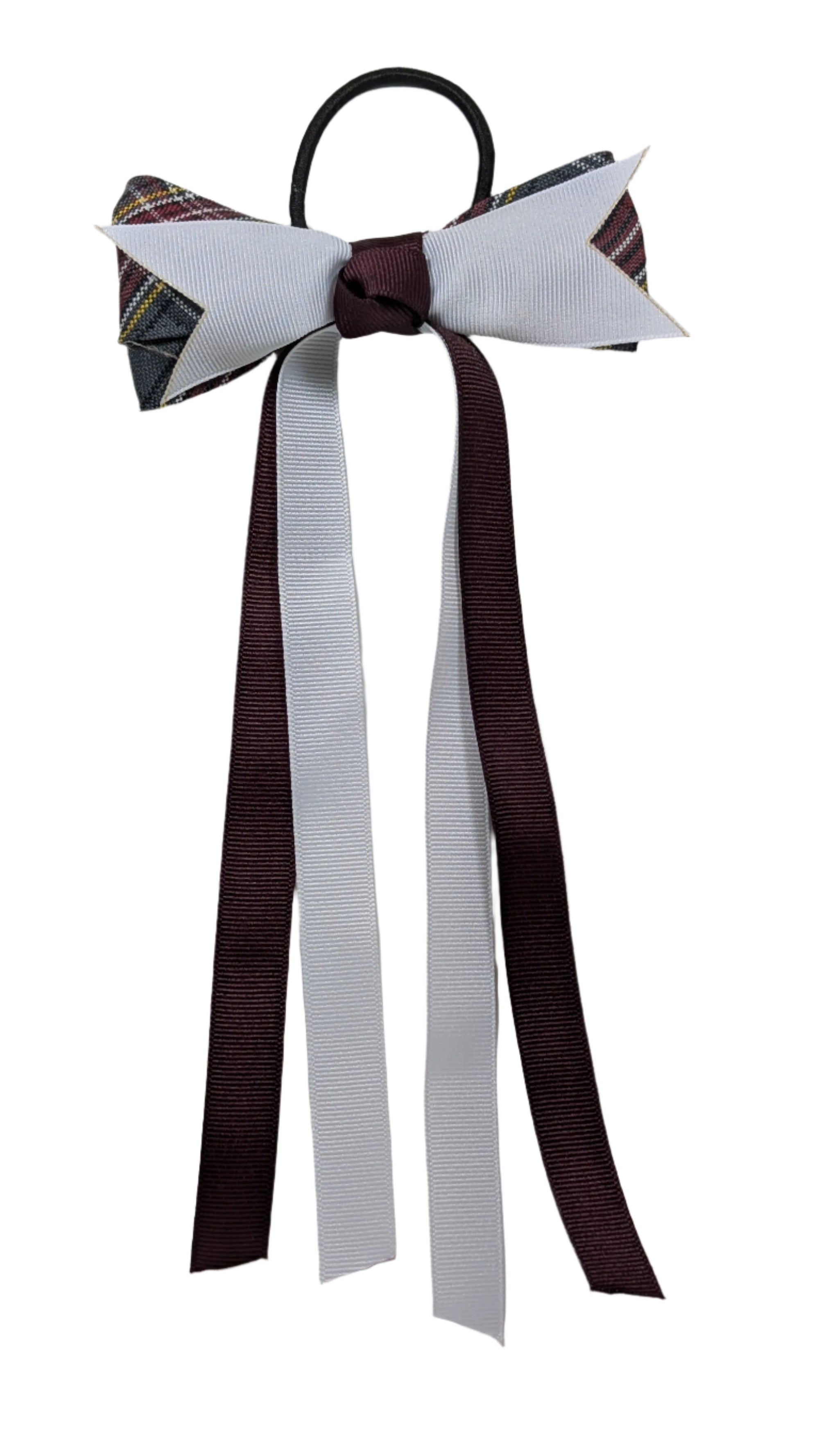 CHS Plaid Spike Bow w/Burgundy & White Streamers & Elastic