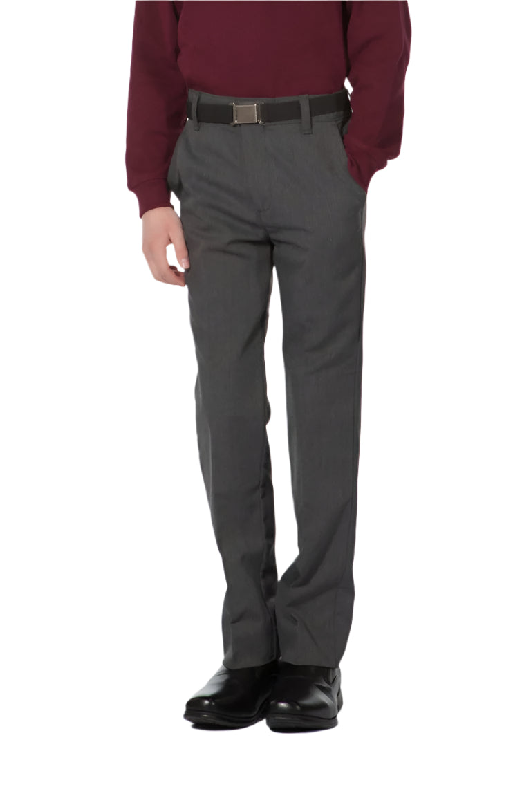 Person wearing gray pants with a maroon shirt on a white background