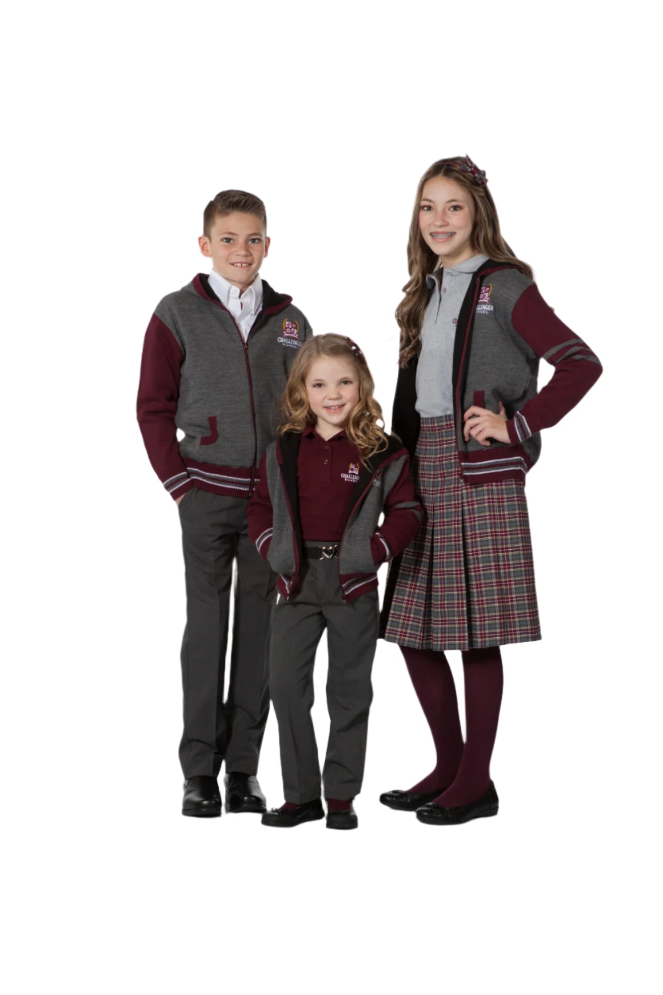 Three students wearing a grey and maroon hooded jacket with an embroidered crest, designed for outside wear.