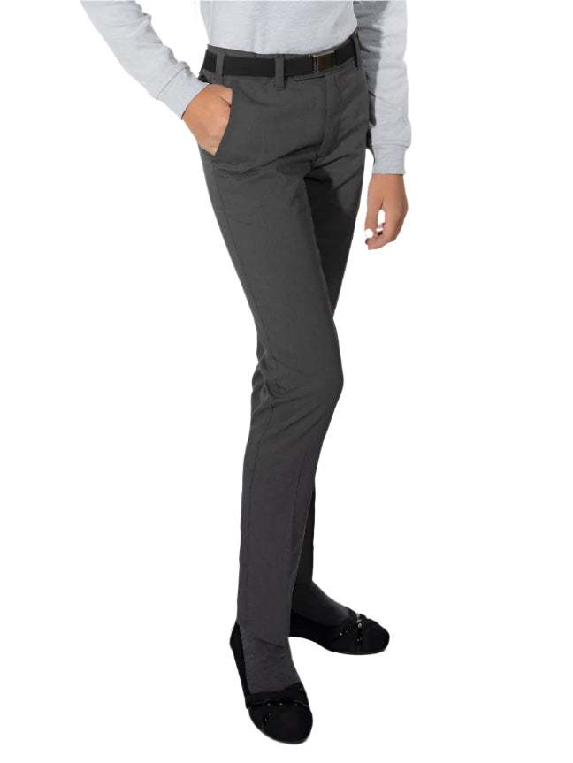 Person wearing gray pants and black shoes on a white background